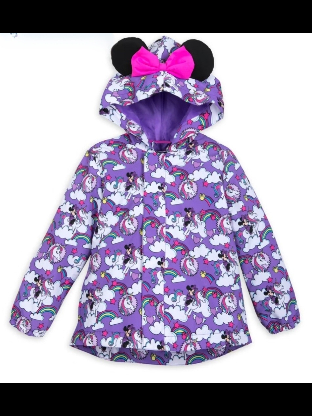 Disney Rain Jacket Unicorns & Rainbows With  Hooded  Black Ears and Pink Bow